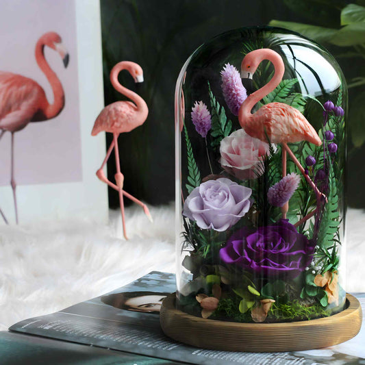 Preserved Flowers Wholesale|Eternal Flower in Glass Dome with Flamingo