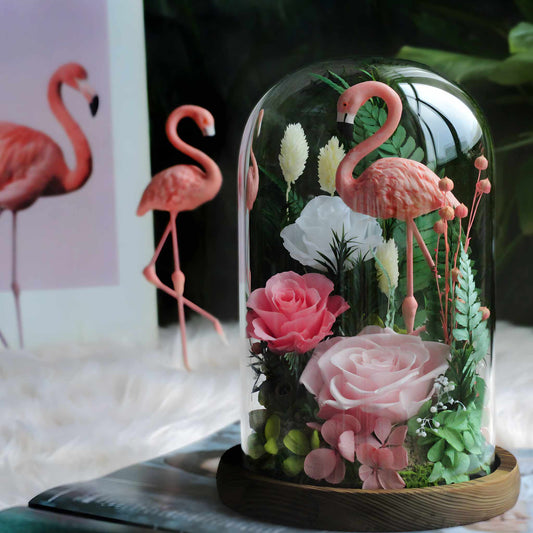 Preserved Flowers Wholesale|Eternal Flower in Glass Dome with Flamingo