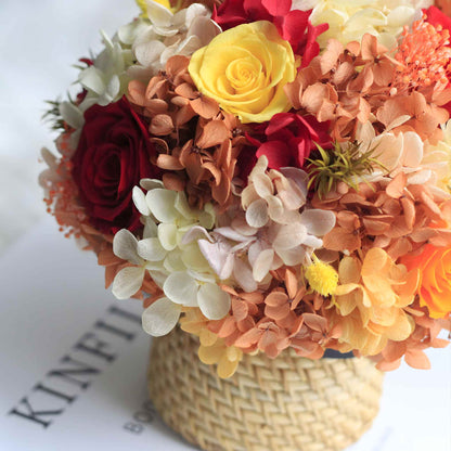 Preserved Flowers Wholesale|Rose Bouquets with Handmade Rattan Vase