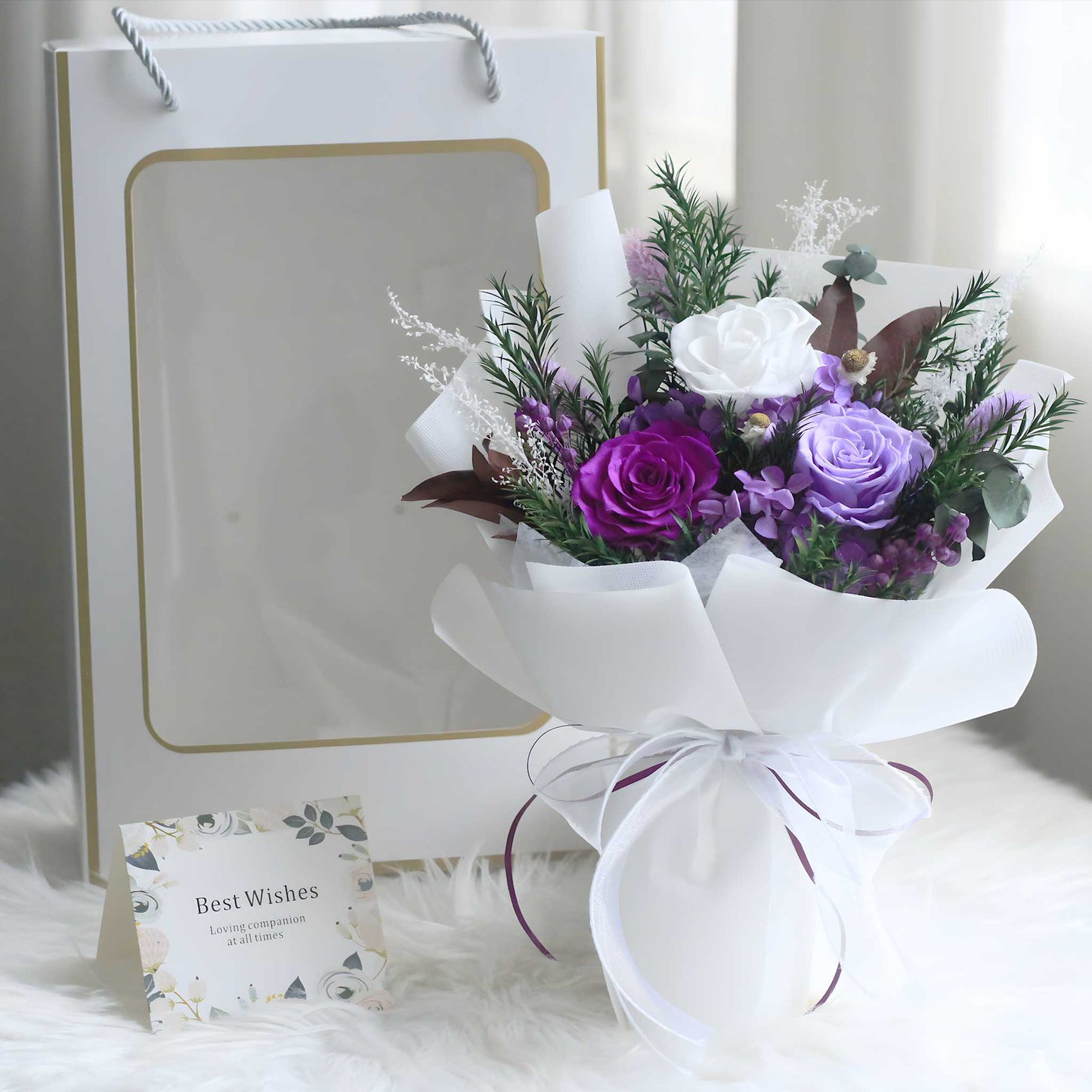 Preserved Flowers Wholesale | White Purple Rose Bouquet